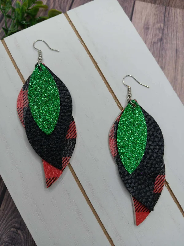 Triple Layered Red Buffalo Plaid & Green Glitter Leather Style Earrings