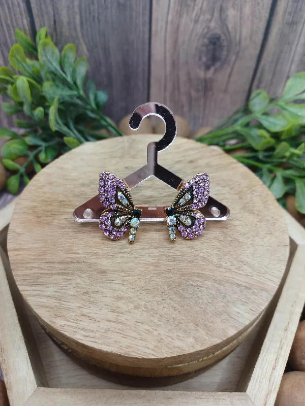 Purple Rhinestone Butterfly Earrings