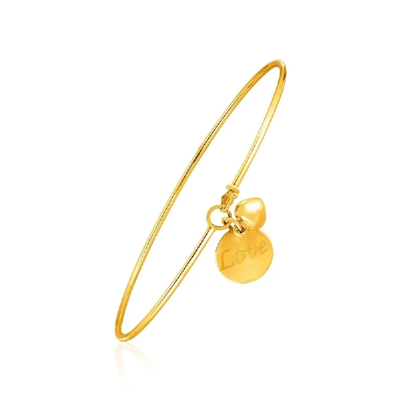 14k Yellow Gold Bangle with Engraved''Love'' and Puffed Heart Charms