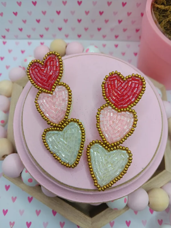 Red, Pink, & White Heart Seabeaded Earrings