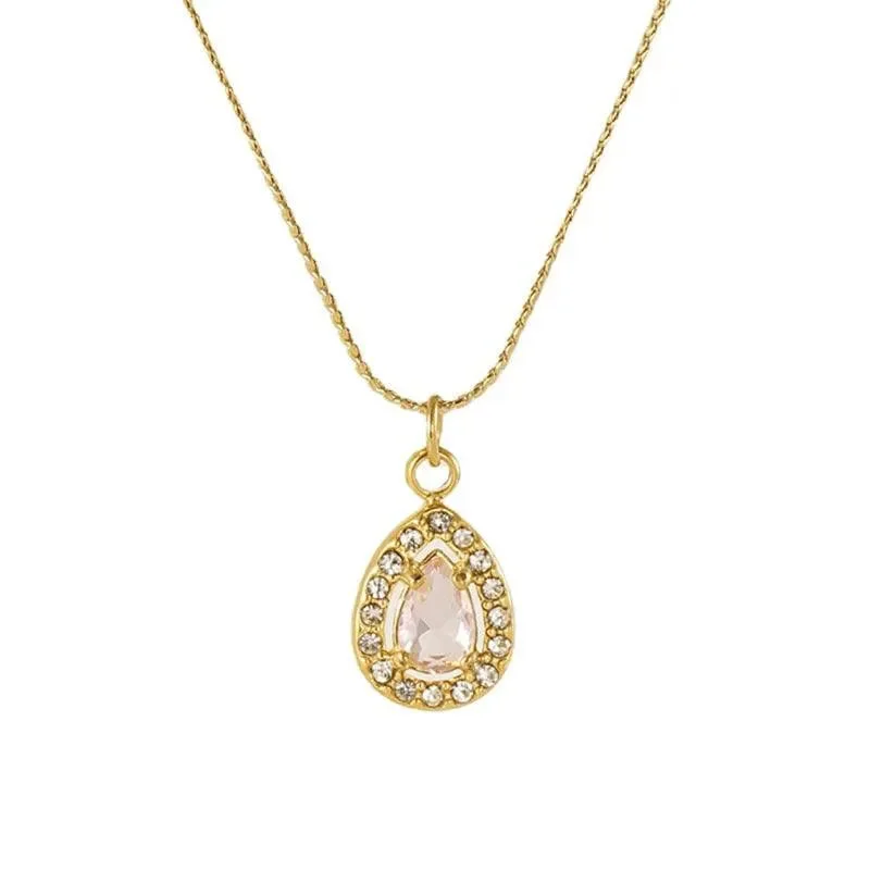 Gold Teardrop Pendant Necklace with Crystal Zircon – Elegant Stainless Steel Chain