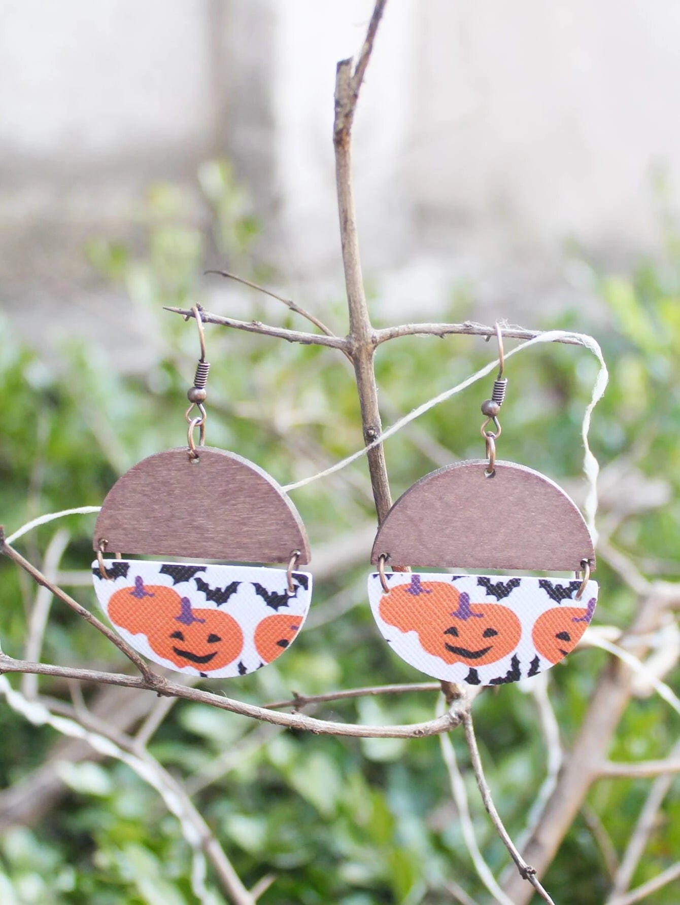 Wooden & Halloween Print Hinged Earrings