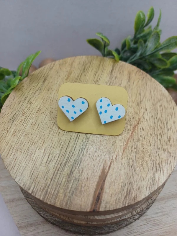 White Wooden Heart Earrings w/ Light Blue Polka Dots