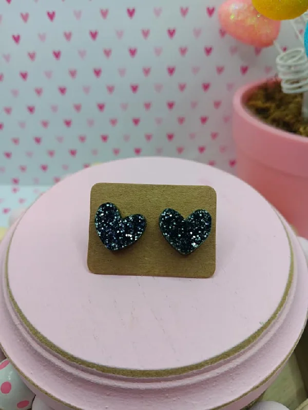 Deep Grey Glitter Heart Earrings