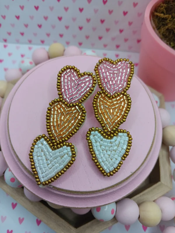 Pink, Gold, & White Heart Seabeaded Earrings