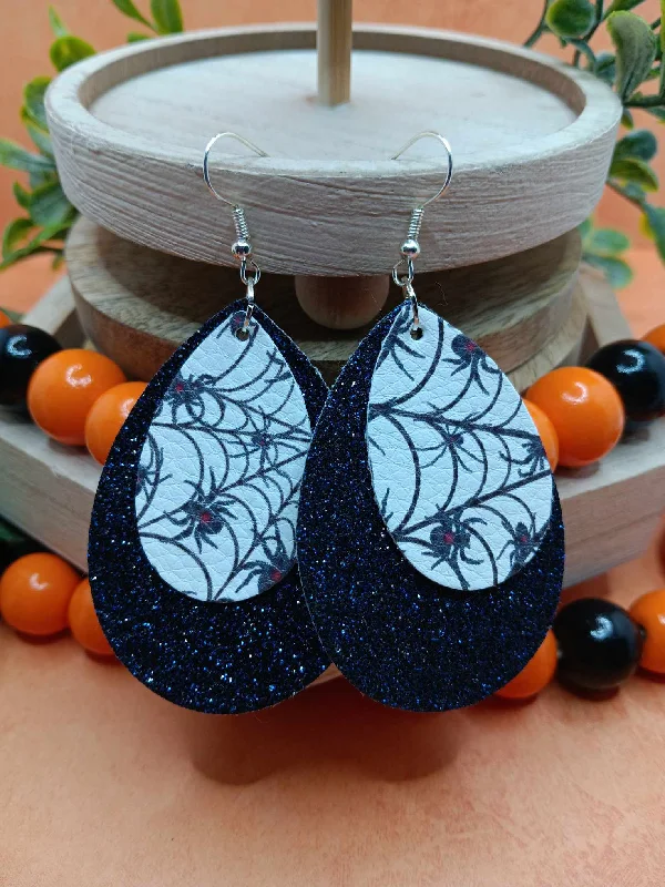 Double Layered Black Glitter w/ Spider Design Leather Style Earrings