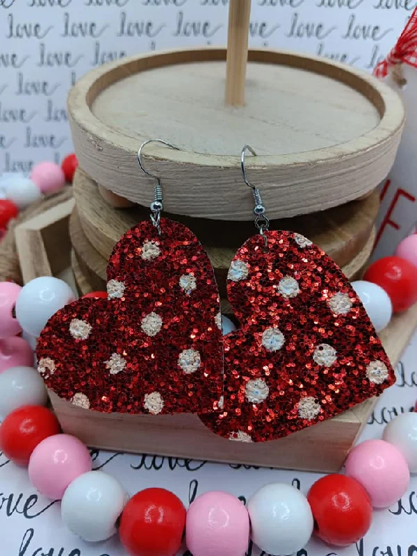 Red Glitter w/ White Polka Dot Heart Earrings