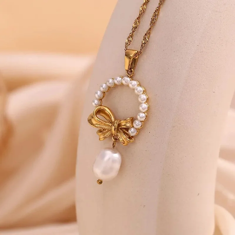 Romantic Bowknot Simulated Pearl Pendant Necklace – Fashion Jewelry