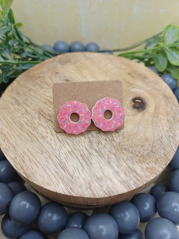 Wooden Pink Donut w/ Sprinkles Earrings