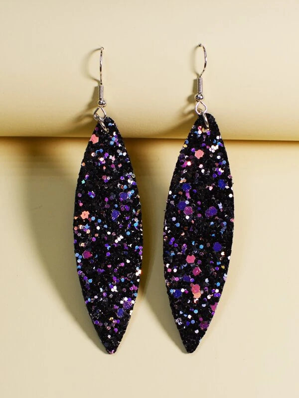 Black w/ Purple Glittered Elongated Oval Style Earrings