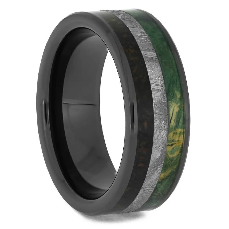 Black Wedding Band with Meteorite and Dinosaur Bone