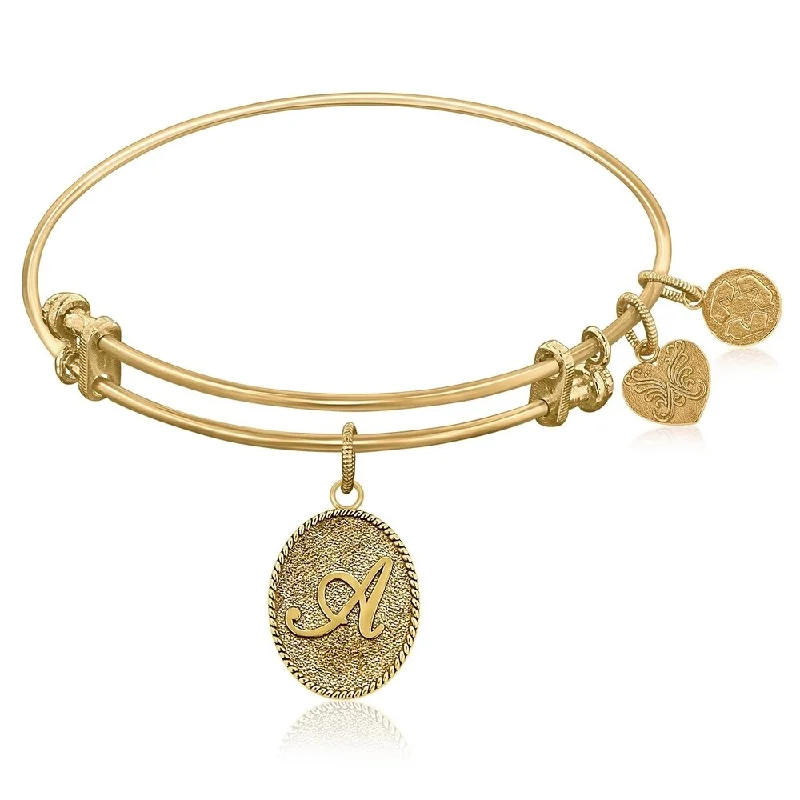 Expandable Bangle in Yellow Tone Brass with Initial A Symbol