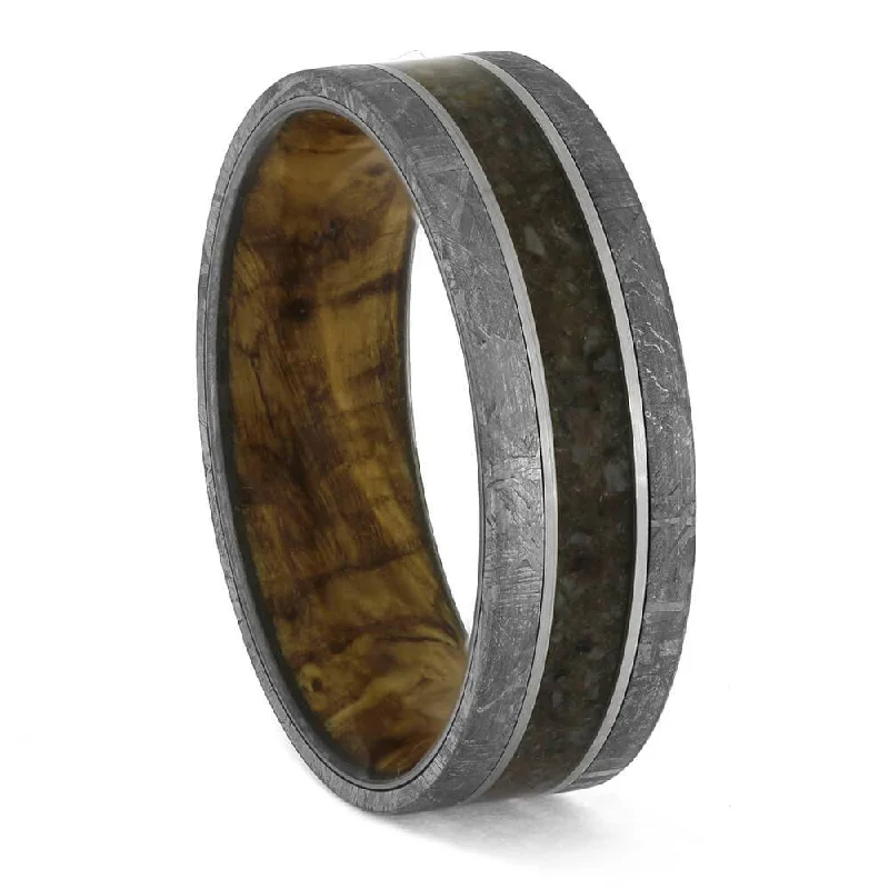 Meteorite and Fossil Dinosaur Bone Ring with Burl Wood Sleeve