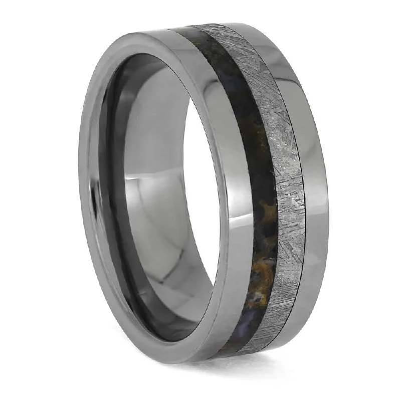 Premium Dinosaur Bone with Meteorite in Masculine Tungsten Band