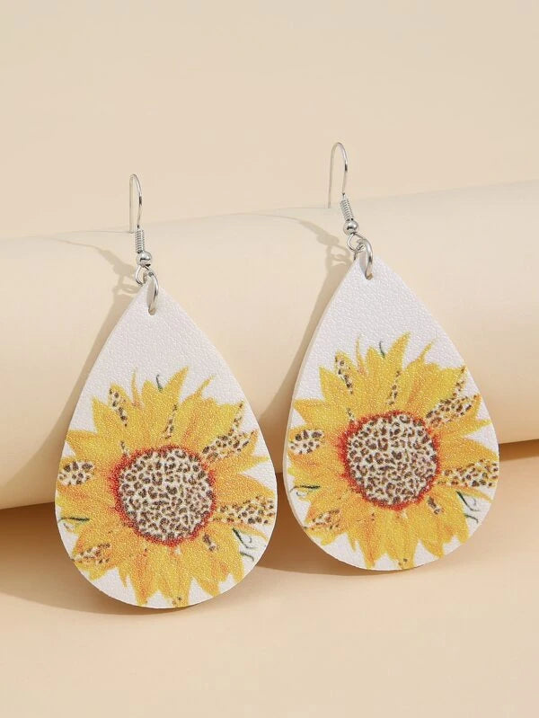 Sunflower w/ Leopard Print Leather Style Earrings