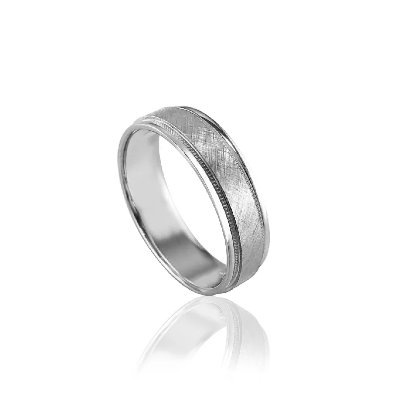 14K WHITE GOLD BRUSHED/MILGRAIN 6MM WEDDING BAND