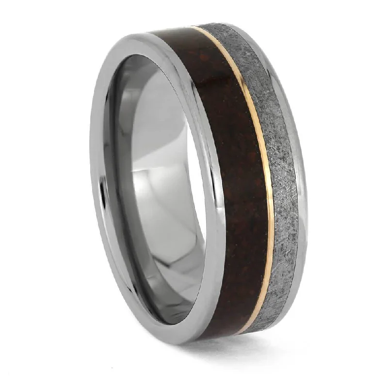 Titanium Ring with Meteorite, Dinosaur Bone and Rose Gold Pinstripe