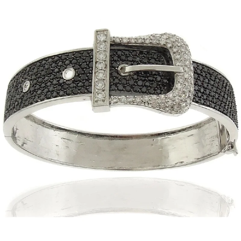 Dolce Giavonna Silver Overlay Cubic Zirconia Black and White Buckle Bangle