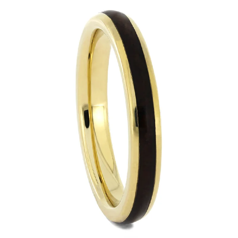 Thin Yellow Gold Wedding Band Inlaid with Natural Redwood