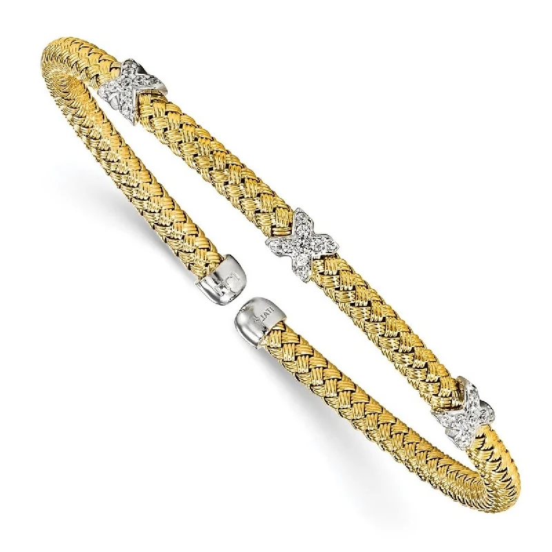 Curata 925 Sterling Silver Gold Plated 3.75mm Cubic Zirconia X Design Woven Cuff Bangle