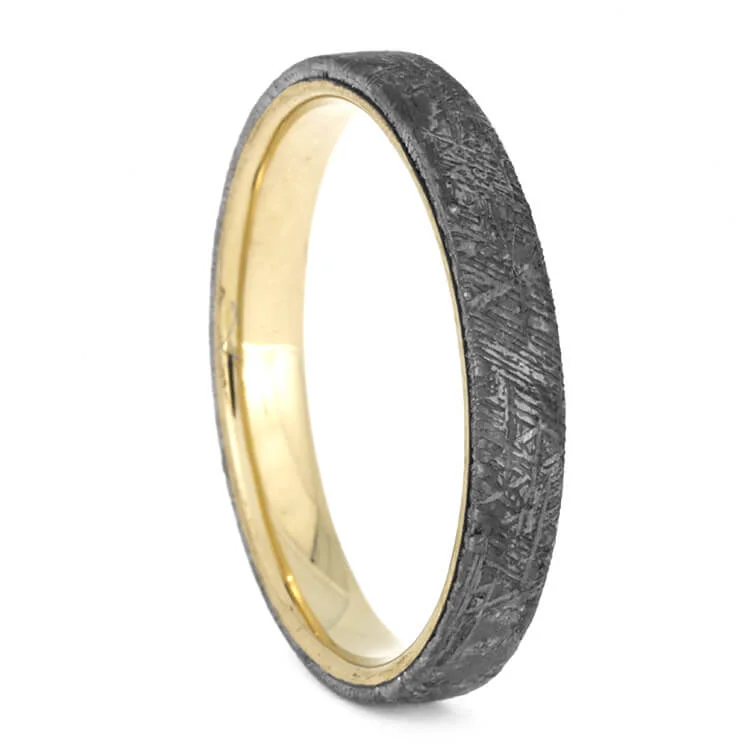 Thin Yellow Gold Wedding Band With Meteorite Overlay