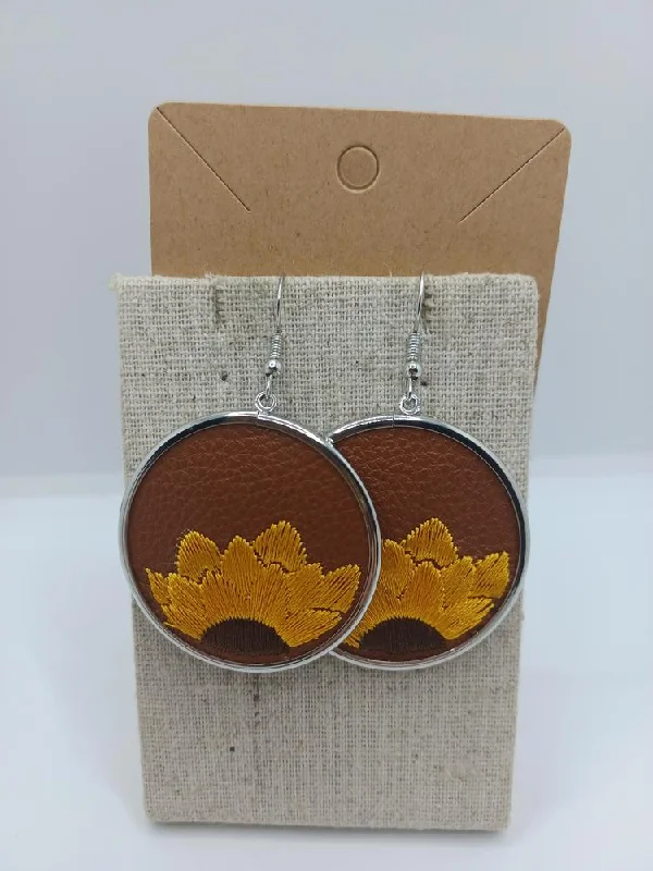 Sunflower Embroidered w/ Brown Leather Style Earrings