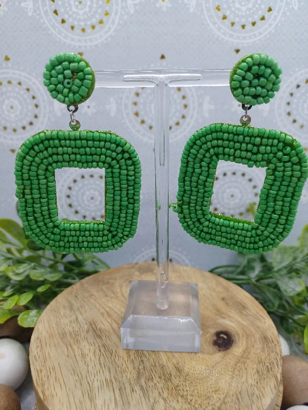 Green Sea Beaded Square Earrings