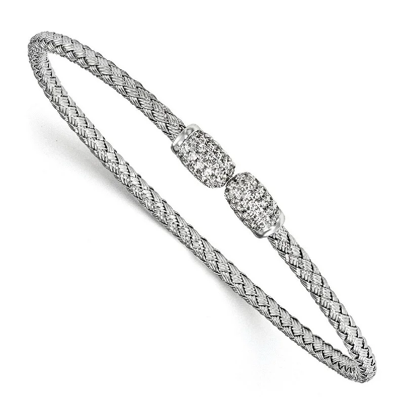 Curata 925 Sterling Silver 2.75mm Cubic Zirconia Woven Cuff Adjustable Bangle