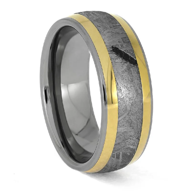 Meteorite with 18k Gold Pinstripes in Titanium Band