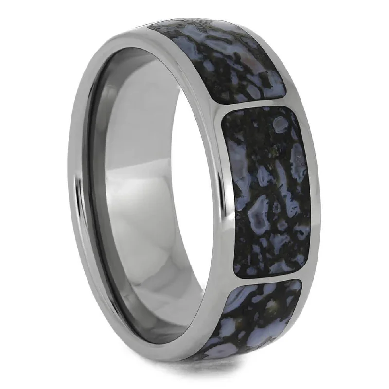 Blue Dinosaur Bone Wedding Band with Segmented Profile