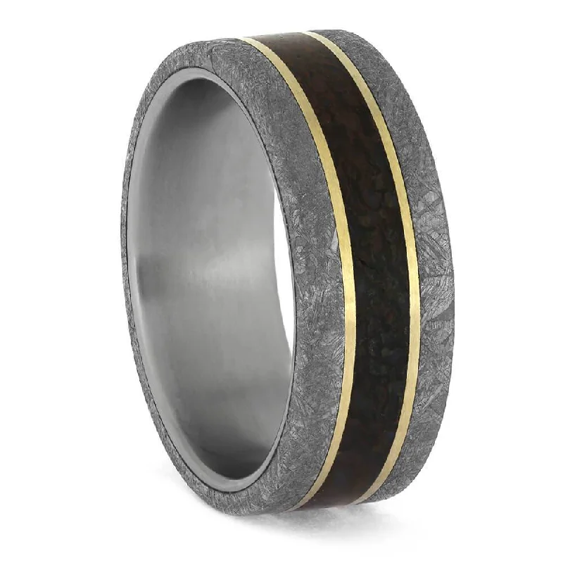 Meteorite and Dinosaur Bone Ring with Gold Pinstripes