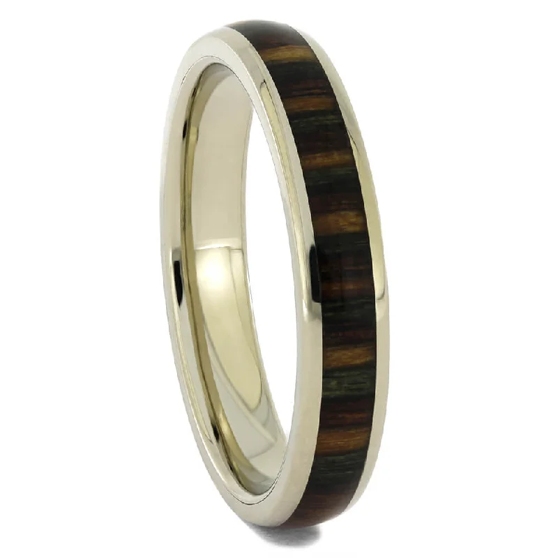 Wood Wedding Band, Dymondwood and White Gold Ring with Round Profile