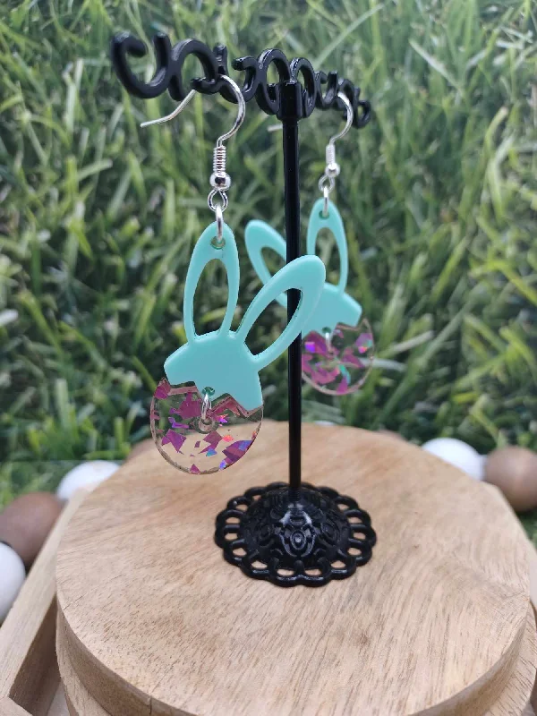 Teal & Pink Acrylic Bunny in an Egg Earrings