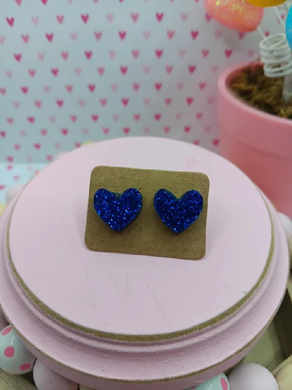 Blue Glitter Heart Earrings