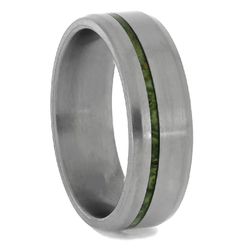 Men's Titanium Ring with Green Box Elder Wood Inlay