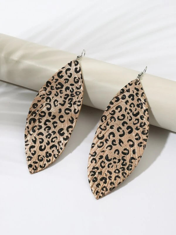 Leopard Chrome Feathered Leather Style Earrings