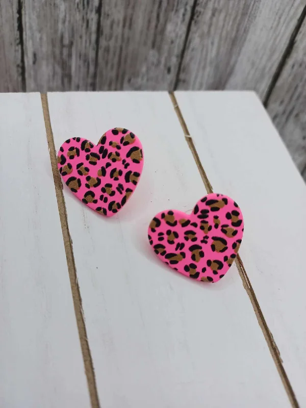 Pink Leopard Heart Earrings