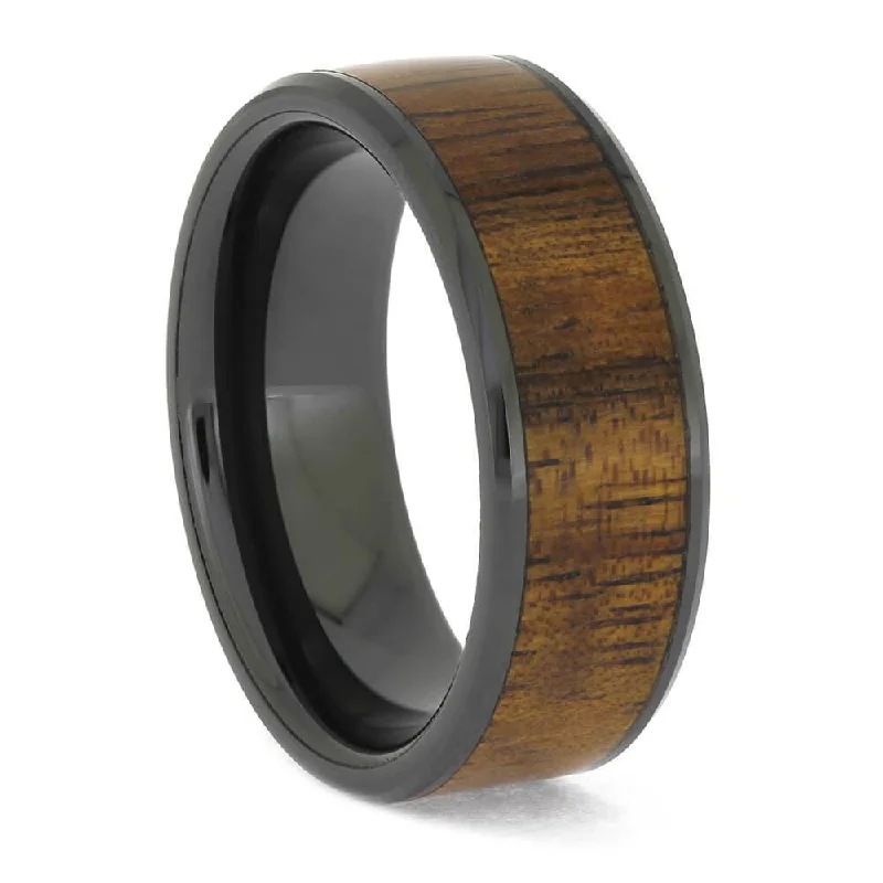 Shimmering Koa Wood in Black Ceramic Band