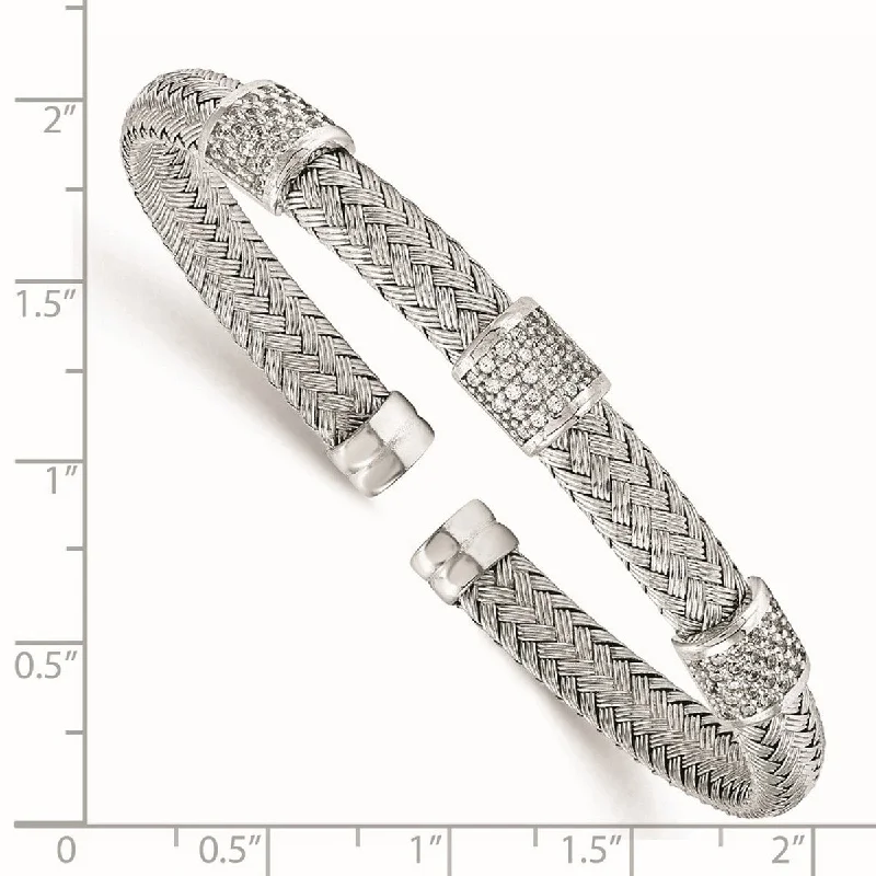 Curata 925 Sterling Silver Polished Rhodium Cubic Zirconia Woven Cuff Bangle