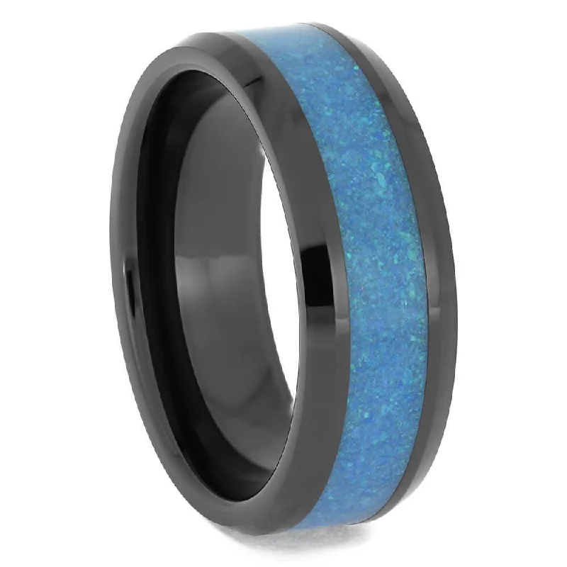 Blue Opal & Black Ceramic Men's Wedding Band