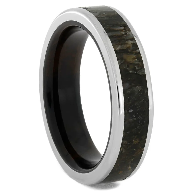 Dinosaur Bone Men's Ring with Ebony Wood Sleeve