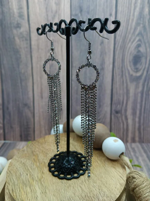 Gunmetal Circle Earrings w/ Tassels & Rhinestones