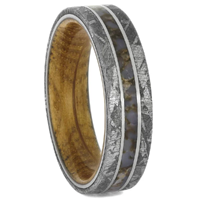 Fossil and Meteorite Ring with Whiskey Oak Wood