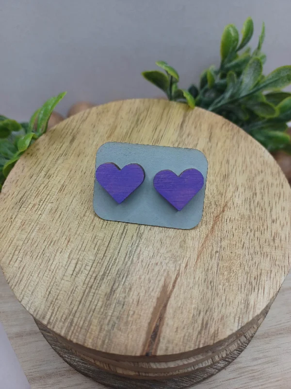 Purple Wooden Heart Earrings