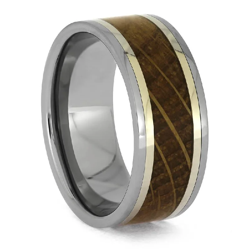 Whiskey Barrel Wood and Gold Pinstripes in Titanium Ring