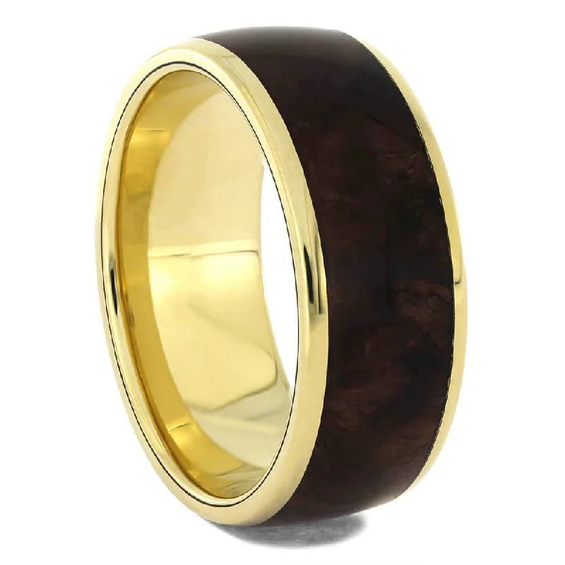 Yellow Gold Wedding Band with Black Ash Burl Wood