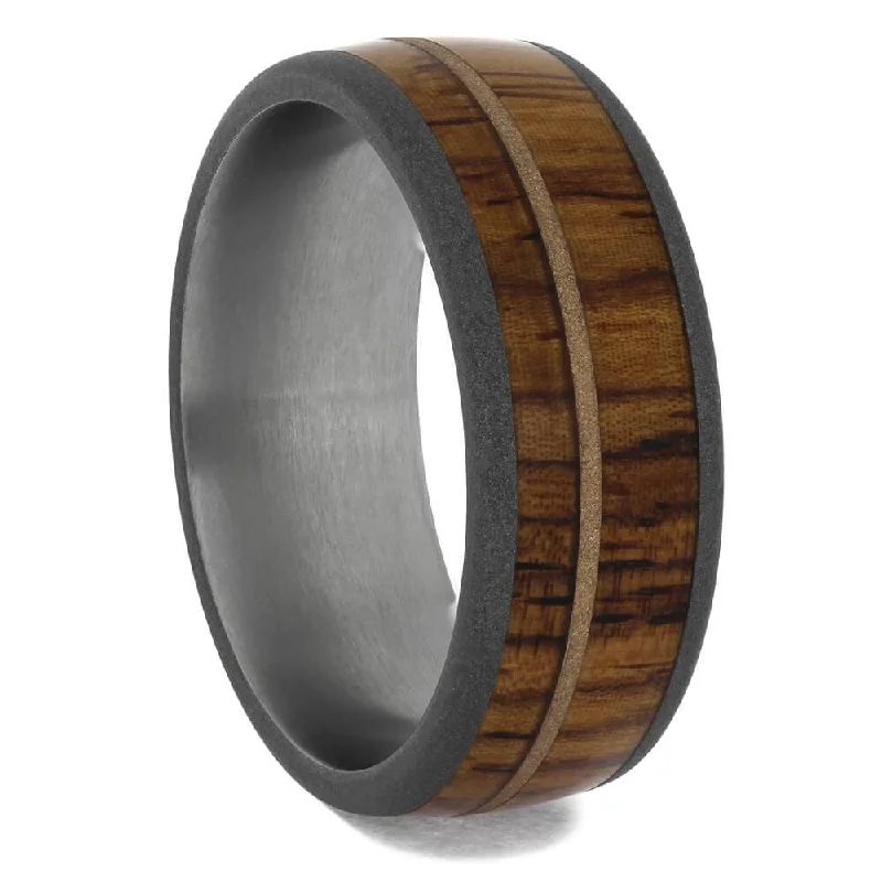 Unique Wood Wedding Band with Rose Gold Pinstripe