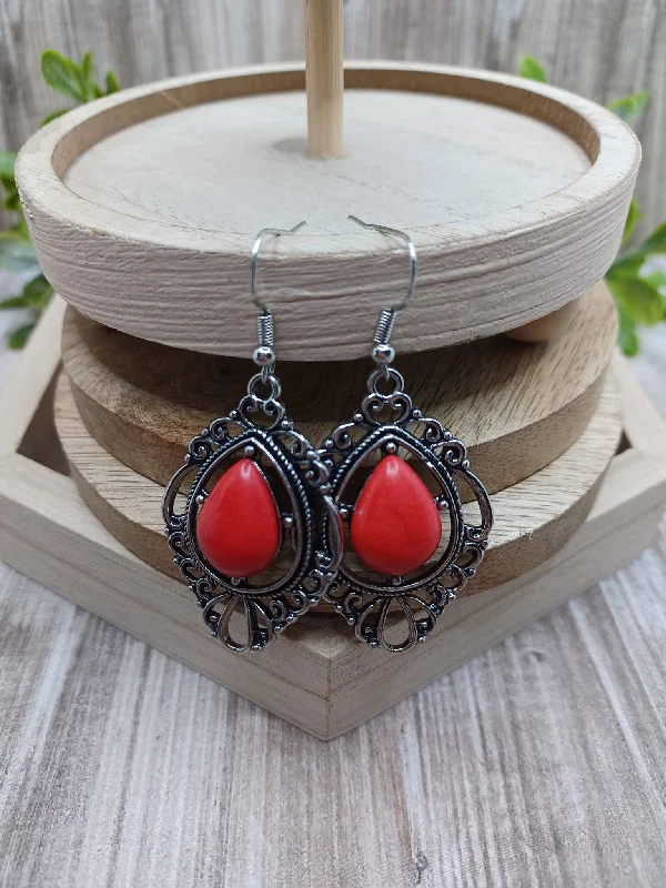 Antiqued Silver Earrings w/ Red Crackle Stone Accent