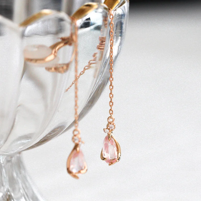 Rose Quartz Drop Earrings Threader Earrings Gold Plated Silver Jewelry For Women