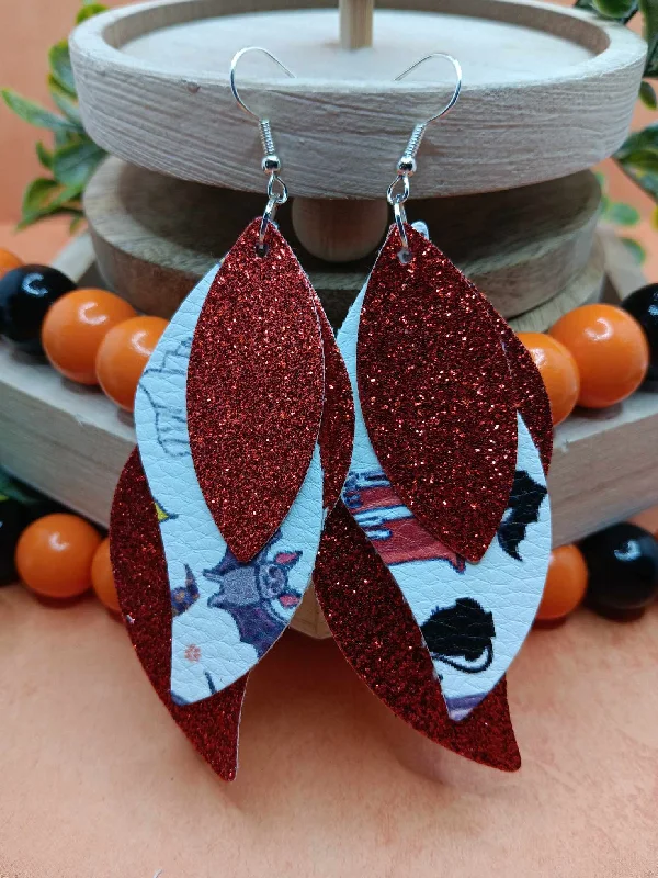 Triple Layered Red Glitter w/ Bat Design Leather Style Earrings